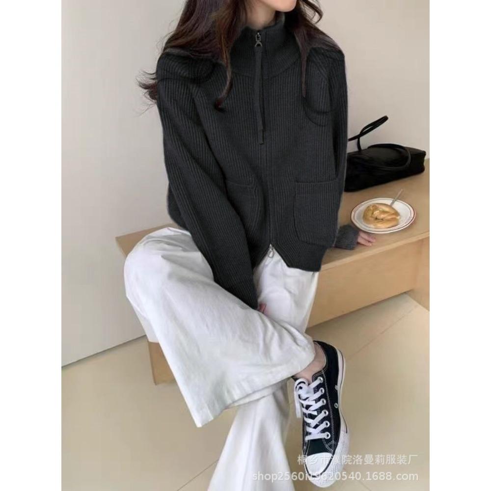 New Autumn and Winter Stand-up Collar, Double Zipper, Long-sleeved, Loose, Large-sized, Laid-back Style Knitted Cardigan Sweater for Women