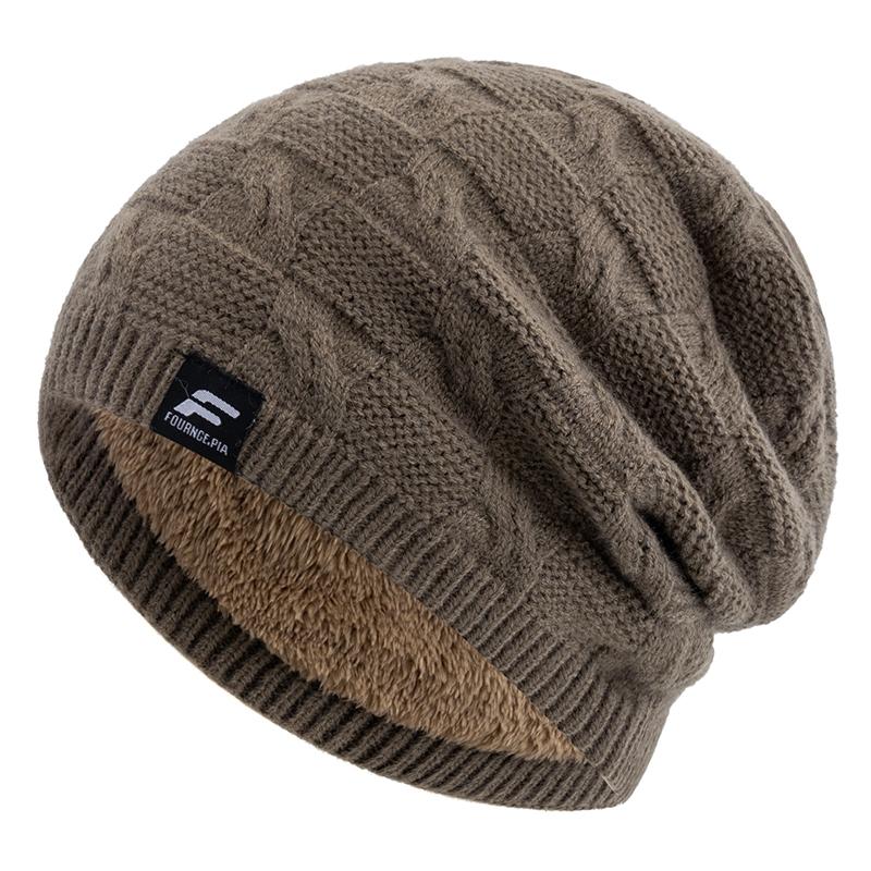 New Style Unisex F Letter Keep Warm Winter Hats Plush Fur Lined Knit Cap For Men Women Warm Beanie Cap Label Decor Knitted Hats