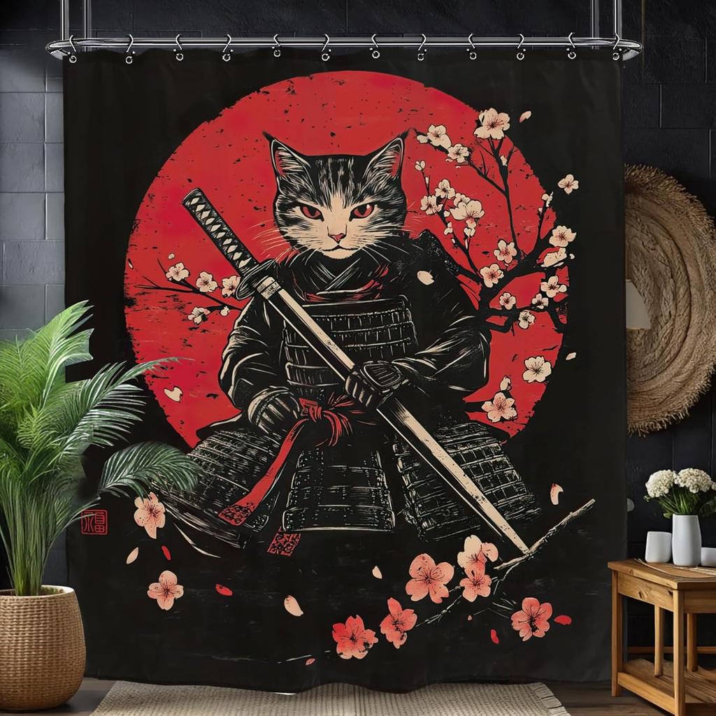 Japanese Samurai Black Cat Bathroom Shower Curtain Cherry Blossom Cool Funny Hilarious Black Polyester Fabric 12 Plastic Hooks