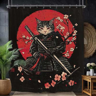 Japanese Samurai Black Cat Bathroom Shower Curtain Cherry Blossom Cool Funny Hilarious Black Polyester Fabric 12 Plastic Hooks