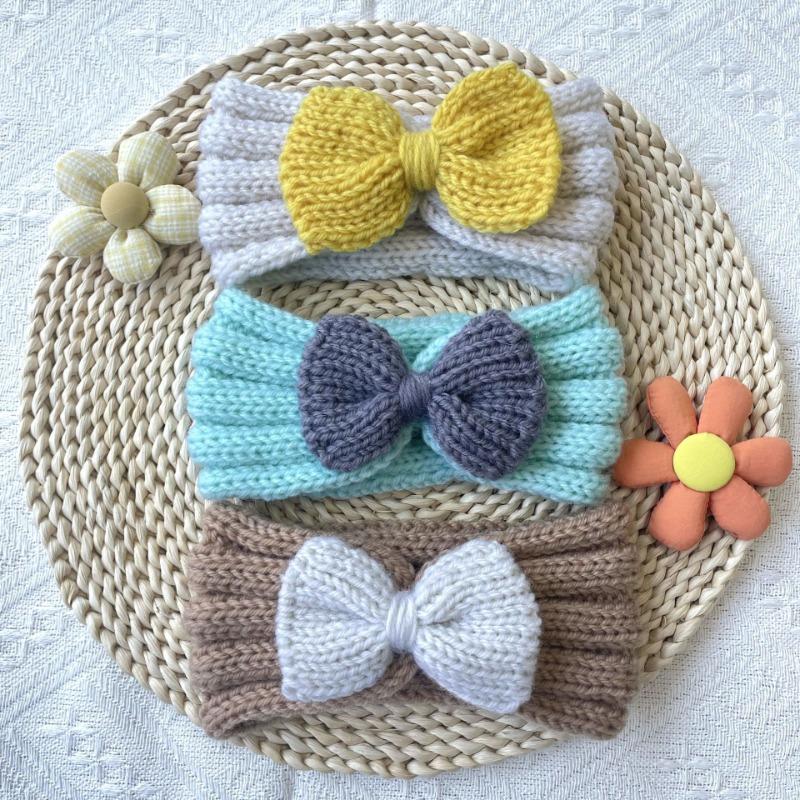 Autumn and winter warm children's contrasting color knitted wool hair accessories, baby solid color bow headscarf, baby headband