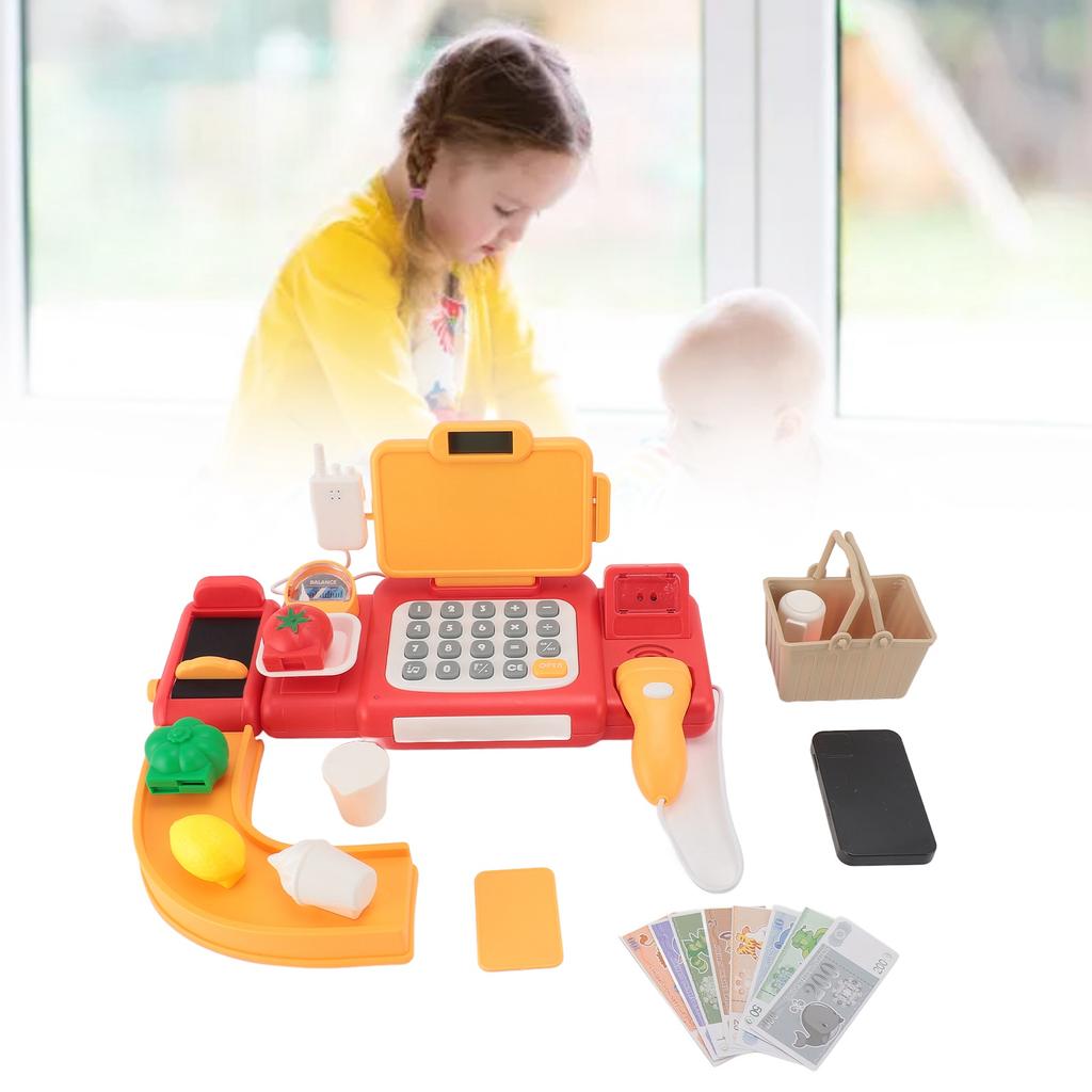 Cash Register Toy for Kids with Checkout Scanner Play Food Set Play Calculator Credit Card Rder Voice Broadcast Pretend Cash Register