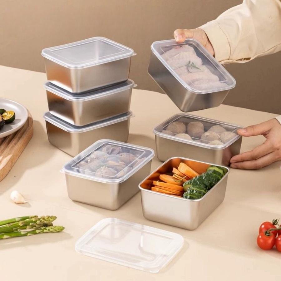 Nerezová ocelová nádoba na čerstvé potraviny, obdélníkový piknikový bento tác, úložný box do lednice s mrazákem, restaurační talíř