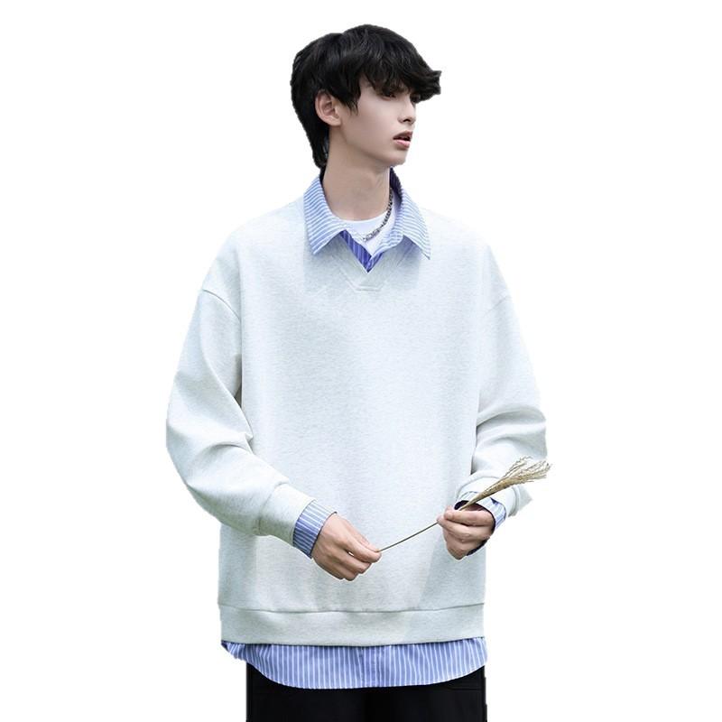 New Spring and Autumn Style Design Feel Loose and Versatile Splicing Fake Two-piece Long-sleeved Sweatshirt Men's Black Top