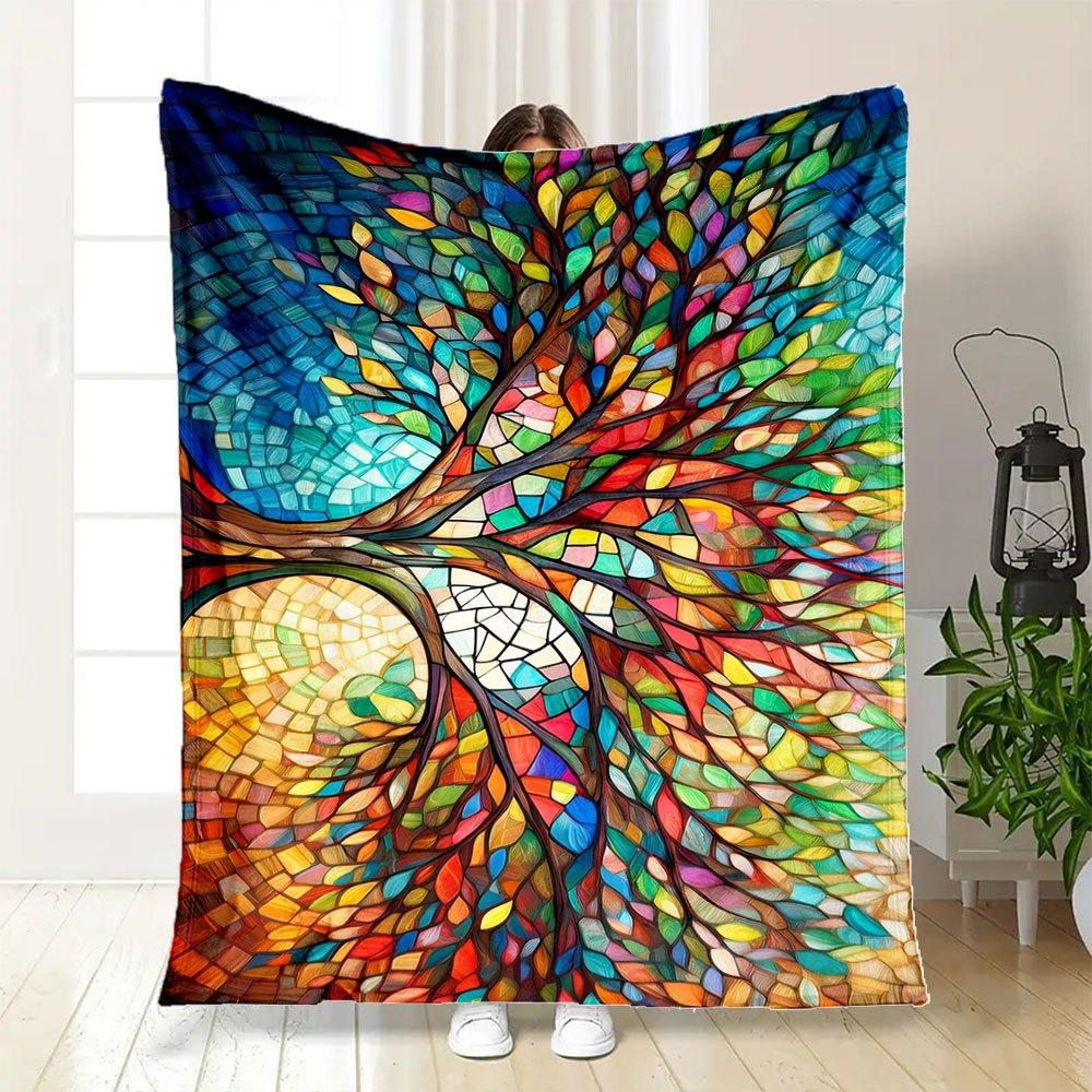 "Colorful Stained Glass Tree Wall Art Print"Blanket Flannel Throw Blanket for Sofa, Bed, Travel, Camping, Office, Couch, Chair, And Bed Gift