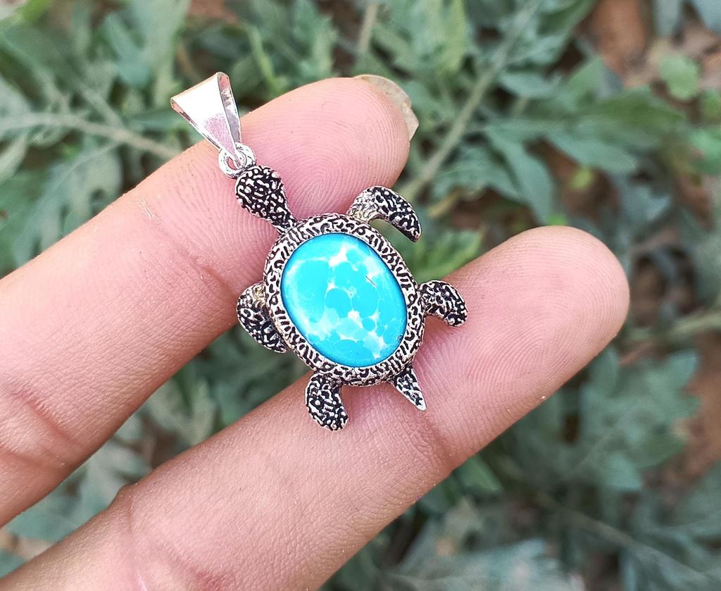 Larimar Gemstone 925 Sterling Silver Plated Tortoise Pendant