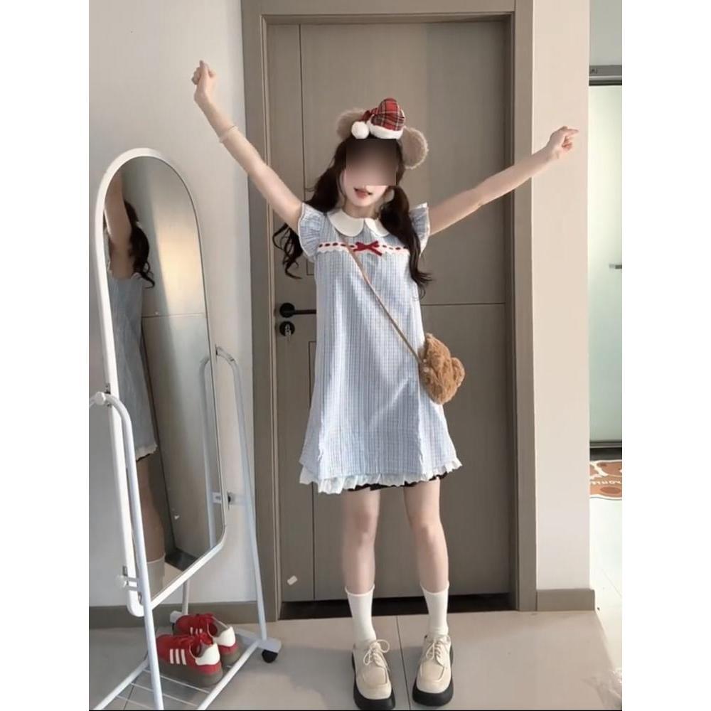 Summer Wear Small Shirt Skirt Women's College Plaid Splicing Loose Doll Collar Small Flying Sleeve Dress
