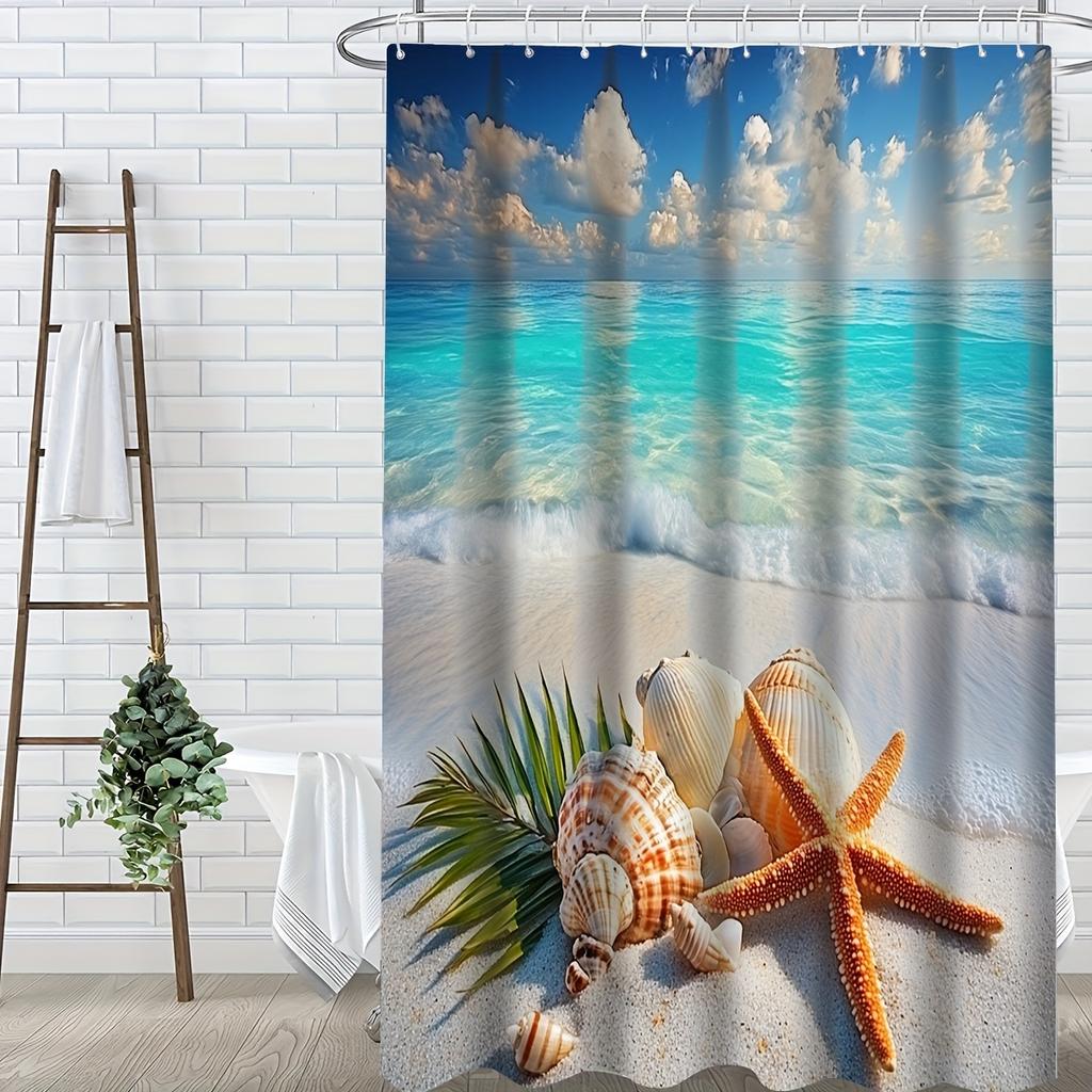 4Pcs Tropical Seashells Shower Curtain Set with Non-Slip Bath Mat, Toilet Lid Cover, Contour Rug & 12 Hooks, Bathroom Decor