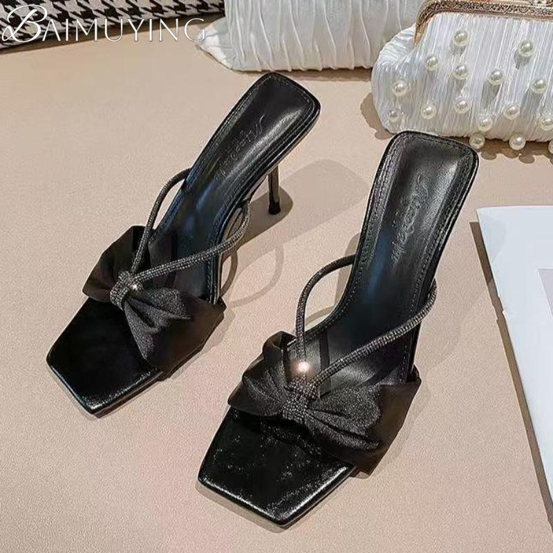 Fashion Bow Women Slippers High Heels Square Toe Sandals Shoes Crystal Summer 2025 Trend Open Toe Stilettos Pumps Dress Zapatos Mujer