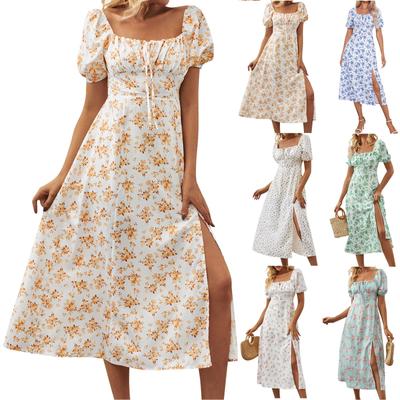 Damen Sommermode Einfarbig Hohe Taille Puffärmel Taille Kleider