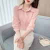 Women's Pink Elegant Chiffon Blouse Solid Color Turn-Down Collar Long Sleeve Top