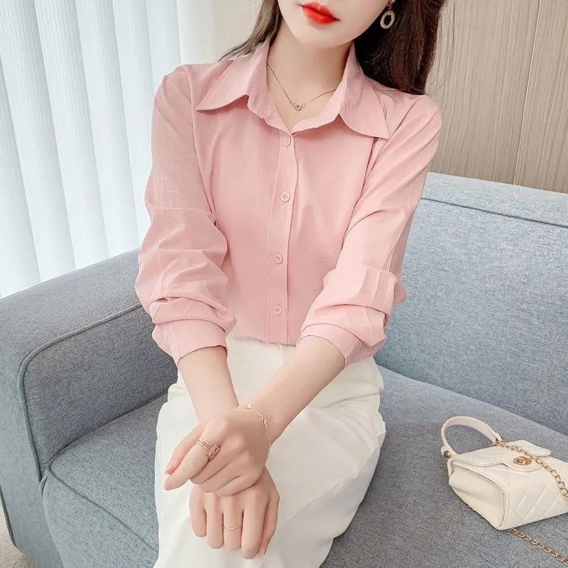 Women s Pink Elegant Chiffon Blouse Solid Color Turn-Down Collar Long Sleeve Top S розовый