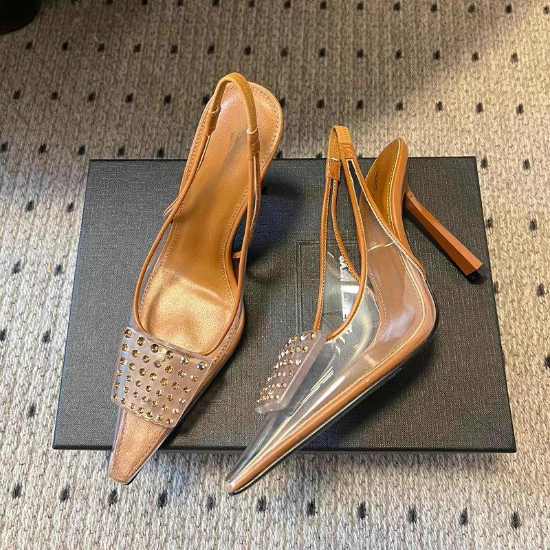 Fashion Transparent High Heels Female Stiletto Pointy Single Shoe Rhinestone Square Buckle Temperament High-Grade Sexy Crystal Overhead
