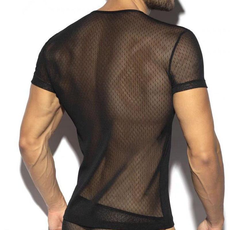 Americká Nová Pánská Letní Krajková Průsvitná Módní Tílka Kulatý Výstřih Ležérní Osobnostní Tričko