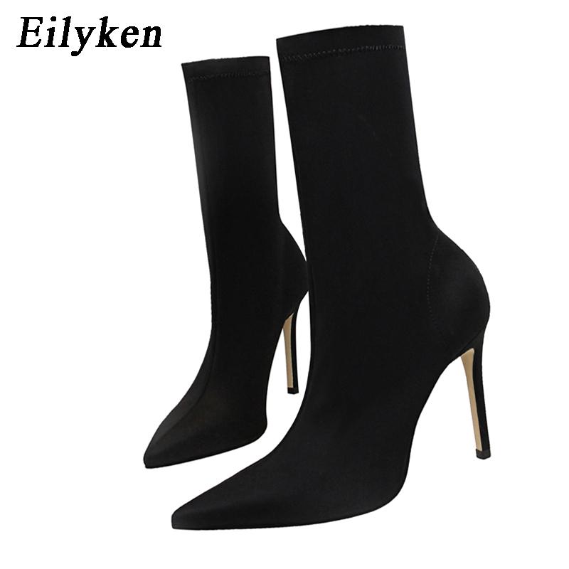 Winter Fashion Stretch Fabric Socks Ankle Boots Women Pointed Toe Thin Heels Slip-On Shoes Female Pumps