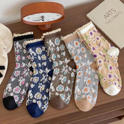Neue Herbst- und Wintersocken für Damen mit Blumendruck, Vintage-Mittelrohrsocken, japanische Mode, Harajuku, Retro, süße Mädchen-Rüschensocken