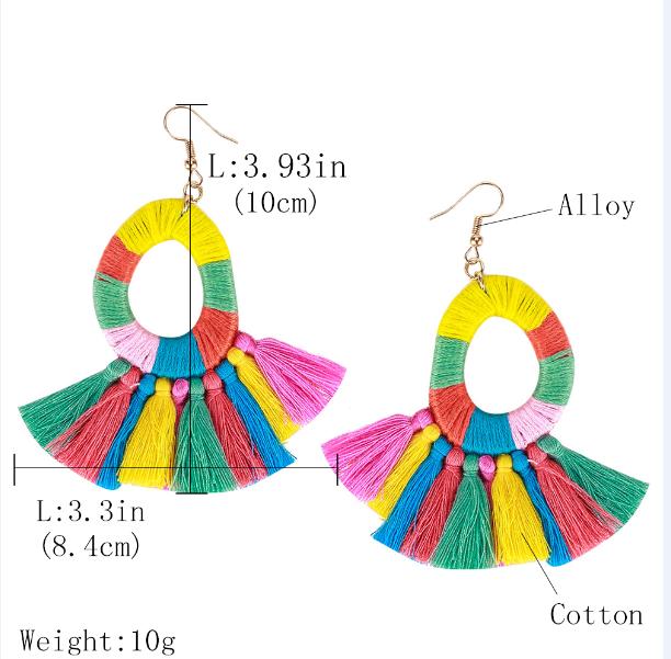 Boho Colorful Fan-shaped Tassel Earrings Handmade Big Ring Long Drop Earrings Women Jewelry