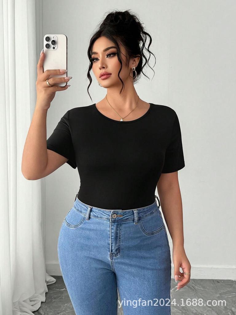 Elegant Plus Size Short Sleeve Slimming T-shirt with Bow Decoration