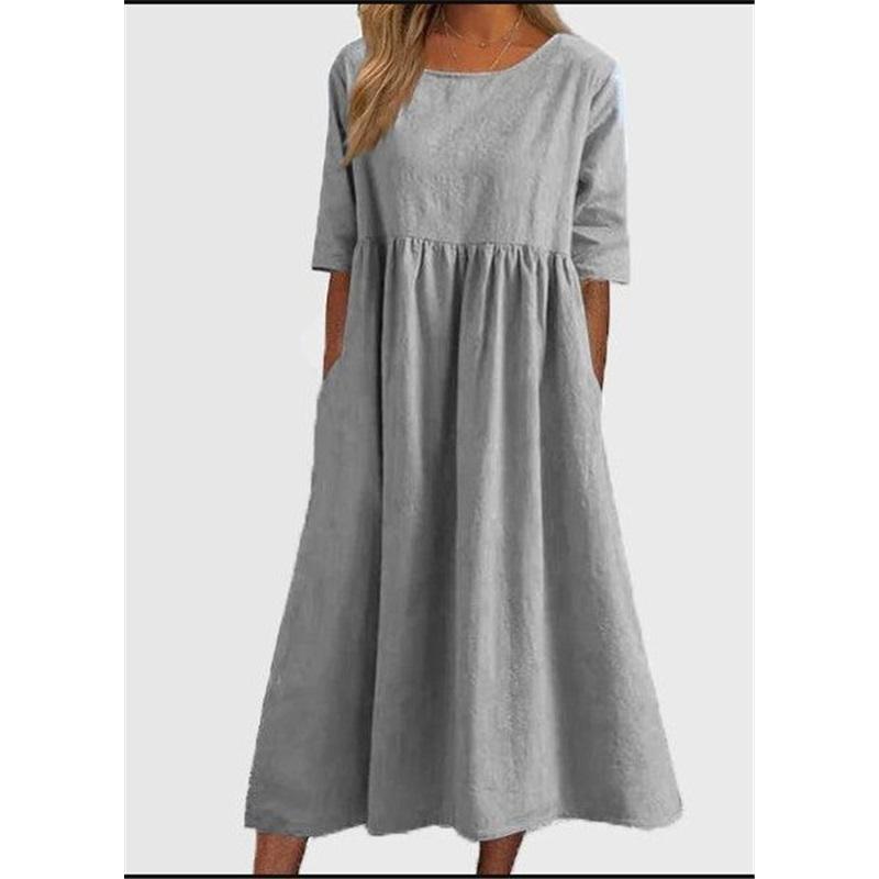 Abito Casual da Donna Estivo Nuovo Stile Girocollo Manica a 5 Punti Taglia Larga Lungo Monocolore Cotone e Lino