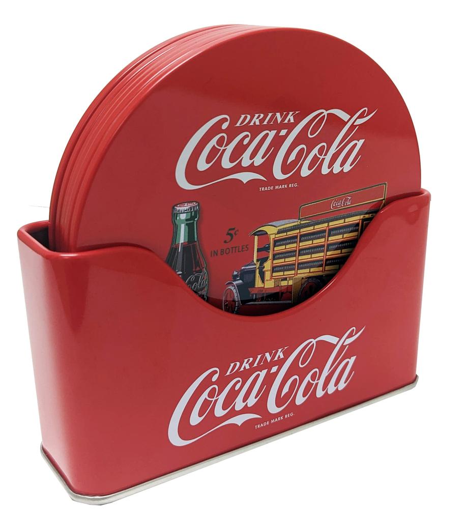 The Tin Box Company Coke Coaster Set of 6 with Standing Metal Holder, Red