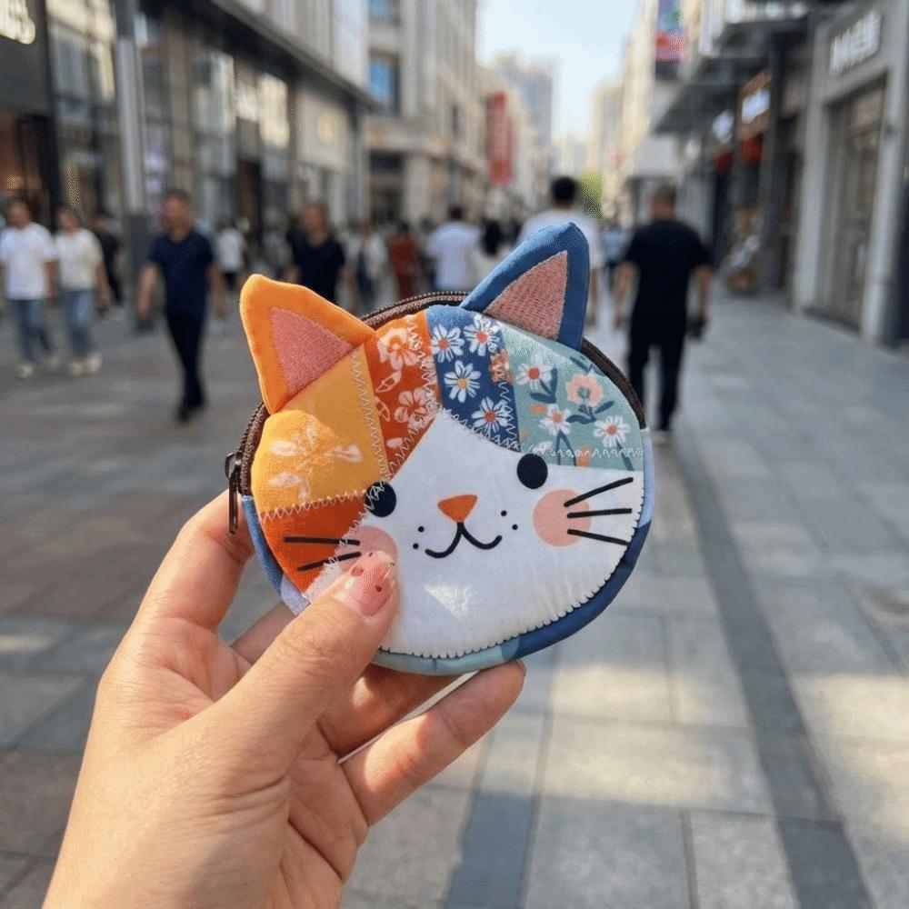 Zipper Design Cat Storage Case Small Size Stationery Pouch Cartoon Patchwork Coin Purse  School