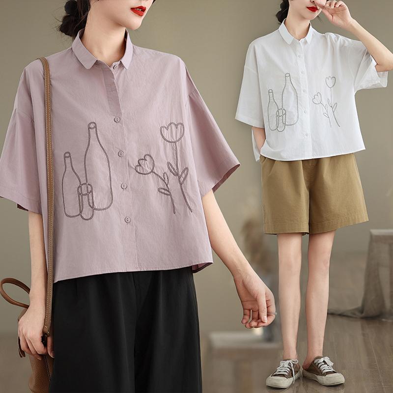 DIMANAF 2026 Women Plus Size New Summer Blouse Shirt Short Sleeve Embroidery Casual Loose Lady Tops Shirts Cotton