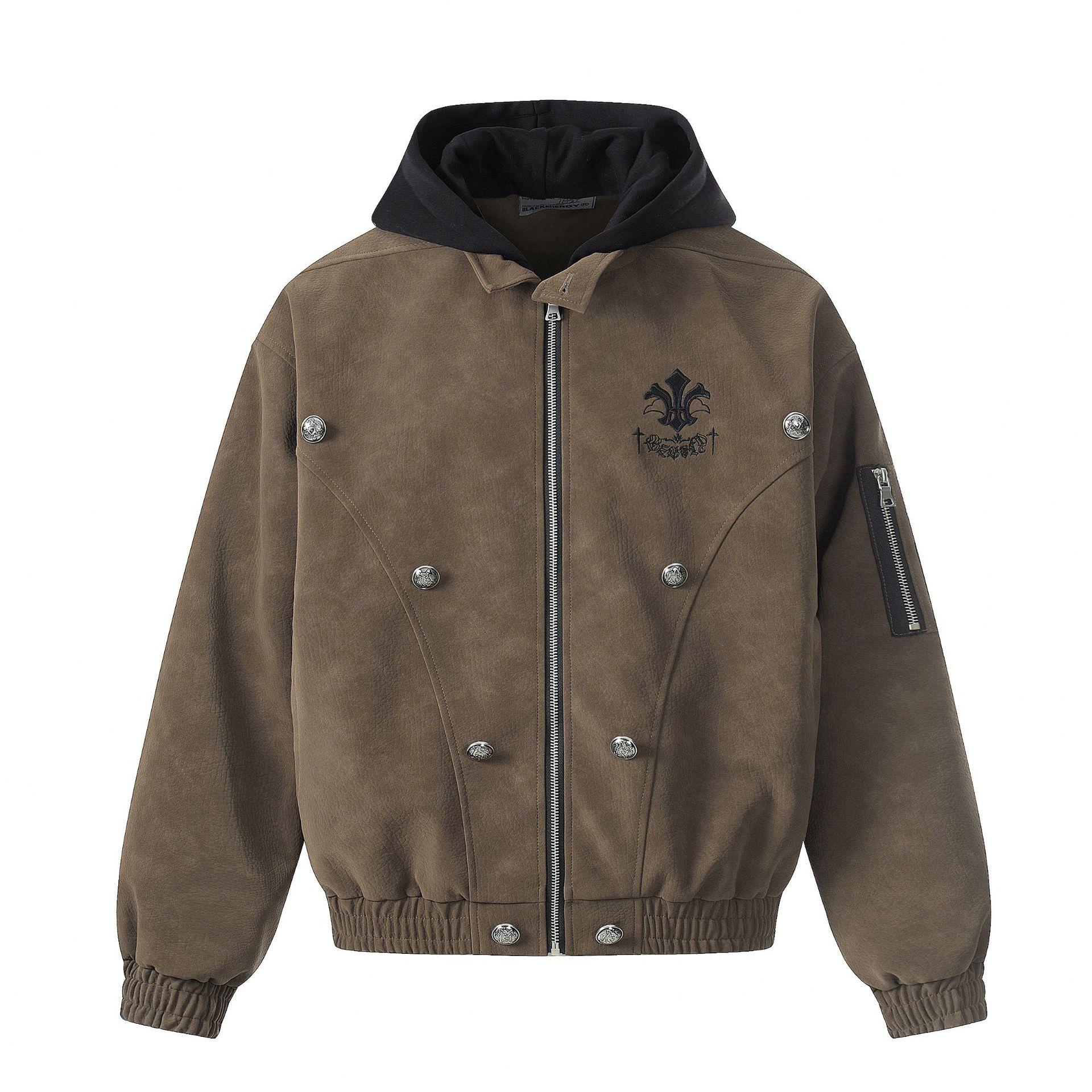 Tide brand American retro embroidery loose pu leather jacket locomotive jacket hooded jacket S