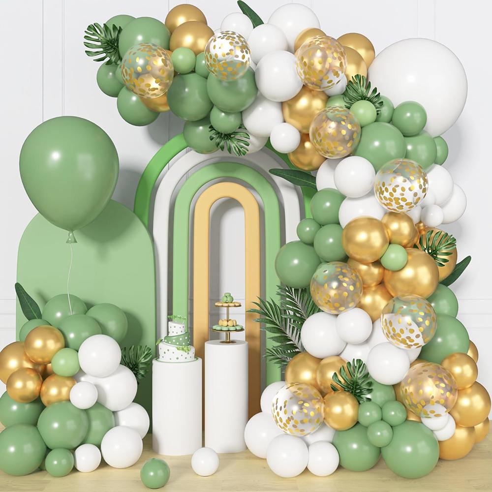 Green Jungle Safari Theme Balloons Garland Sage Green White Gold Confetti Ballon Arch Kit Home Birthday Party Wedding Decoration
