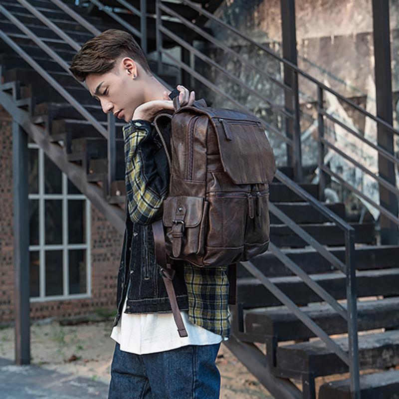 Handmade Cowhide Korean Backpack Men's Casual Trend School Bag College Style Personalized Leather Men's Bag