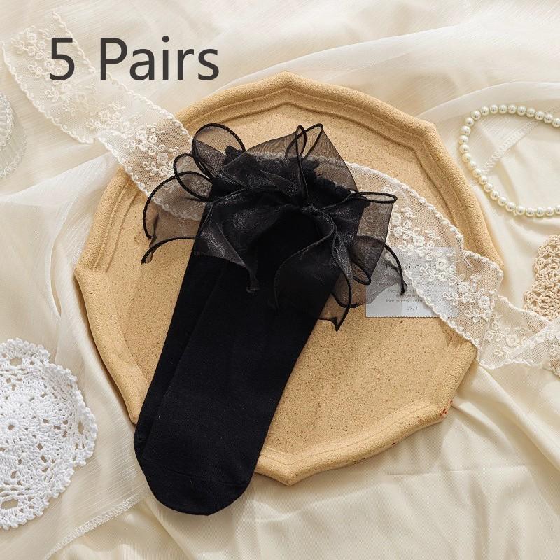 5 Pairs of Female Summer Love Sweet Mesh Bow Pile Socks