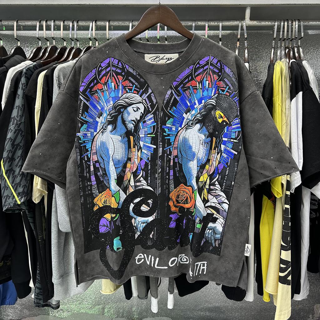 T-shirt Oversize Estiva da Uomo 2026, Stampa Gemella Bandito Gesù Gotica Street Manica Corta con Strass Lettera Santa