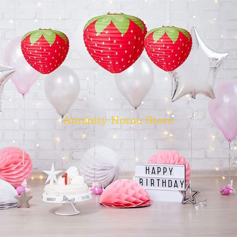 F26C 3D Strawberry Paper Lantern Foldable Hanging Lantern Fruit Theme Ornament Party Supplies Birthday Decors for Baby Shower