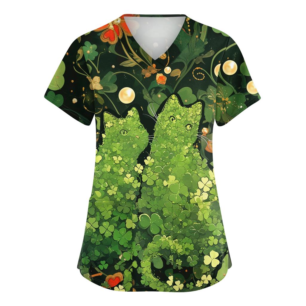 Women's Fashionable V-neck Workwear Printed Short Sleeved Pocket Side Slit Workwear Basic Pullover Top