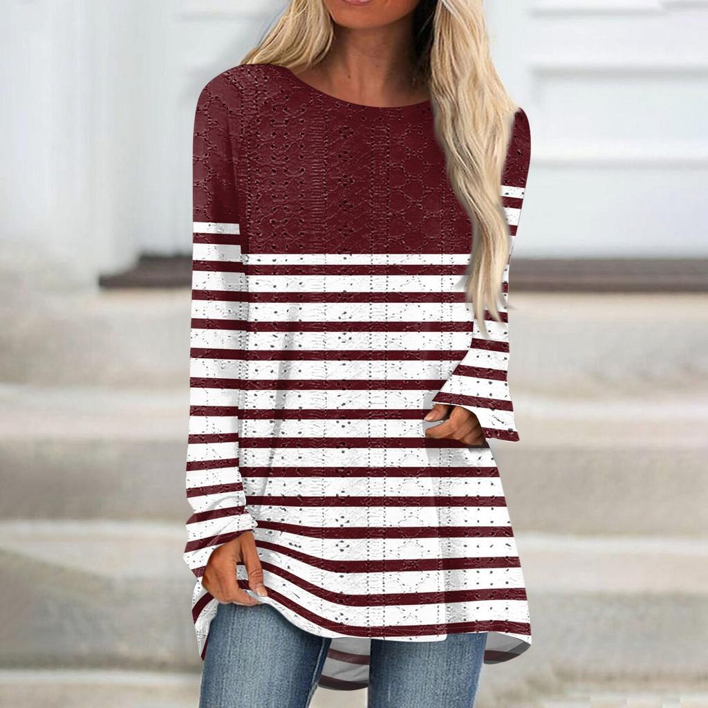 Womens Tops Round Neck Long Sleeve Blouses Casual Mid-length Shirts Fashion Print Tunic Tops