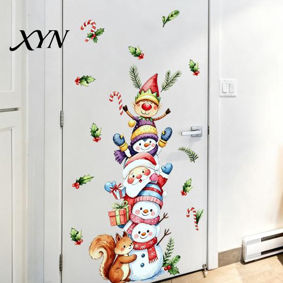DIY Party Wall Murals Christmas Stickers with Snowman Santa Claus Elf Patterns, Peel And Stick Watercolor Cartoon Decals for Windows Glass Doors,