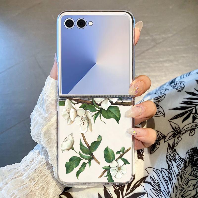 Cartoon Flower Printed Transparent Folding Phone Case For Samsung Galaxy Z Flip 7 FE 6 5 4 3 Flip7 Flip6 Flip5 5G Hard PC Cover
