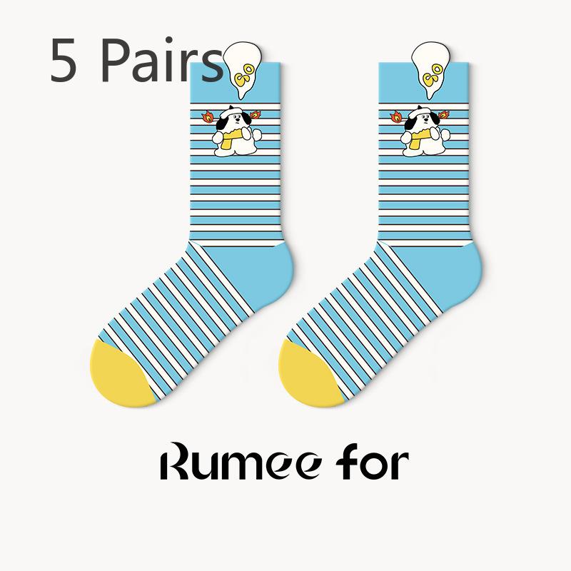 

5 Pairs of Female Spring and Autumn New Student Cartoon Boneless Stripe Deodorant Wicker Socks 5 Pairs