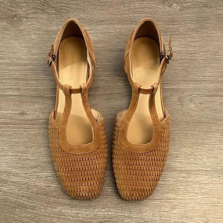 Fashion New Fashion Women's Hollow-out Cow Leather Narrow Band T-strap Flats Sandals Round Toe High Quality Casual Shoes Zapatos Mujer