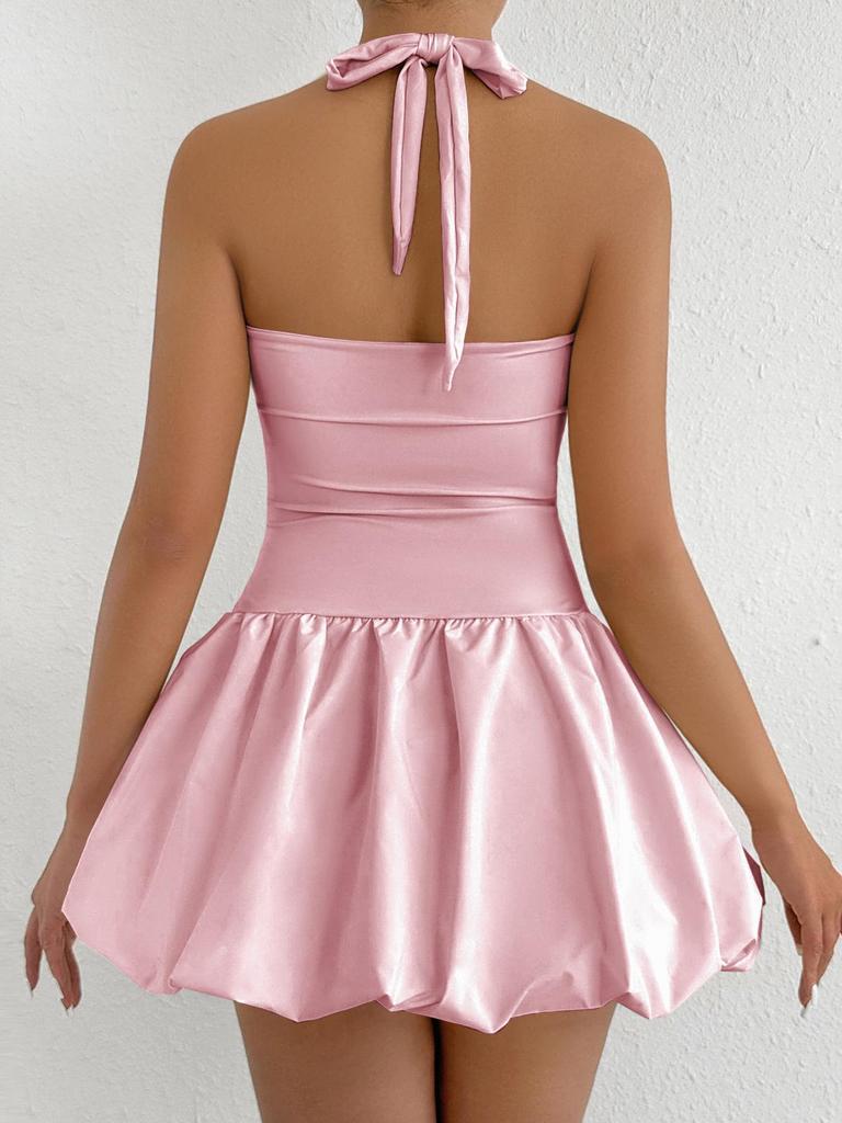 Sleek Halter Neck A-Line Waist-Cinched Backless Little Black Dress - European & American Style Party Dress