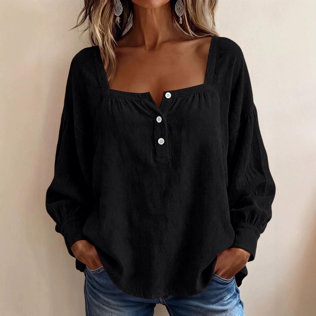 Women's Corduroy Square Neck Long Sleeve Buttoned Half Placket Pullover Top