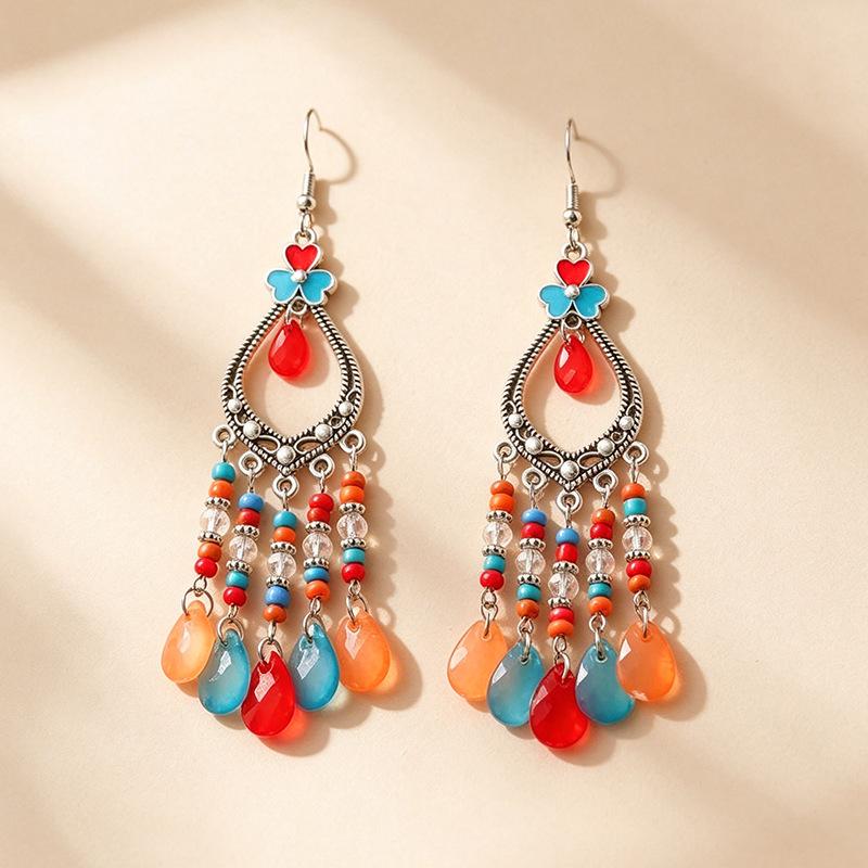Bohemian Crystal Tassel Earrings - Ethnic Style, Slim Face, Exaggerated Design for Travel