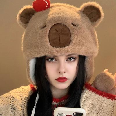Chapeau Loli à lacets épaissi Chapeau en cuir japonais chaud Protection des oreilles Chapeau en peluche Style coréen Chapeau de sorcière mignonne pour femme