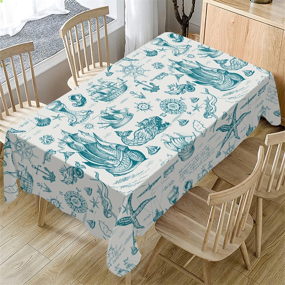 1pc Rectangular Tablecloth, Ocean Theme Pattern Table Decoration, Machine Washable Tablecloth, Suitable for Indoor And Outdoor Use, Coffee Shop, Home