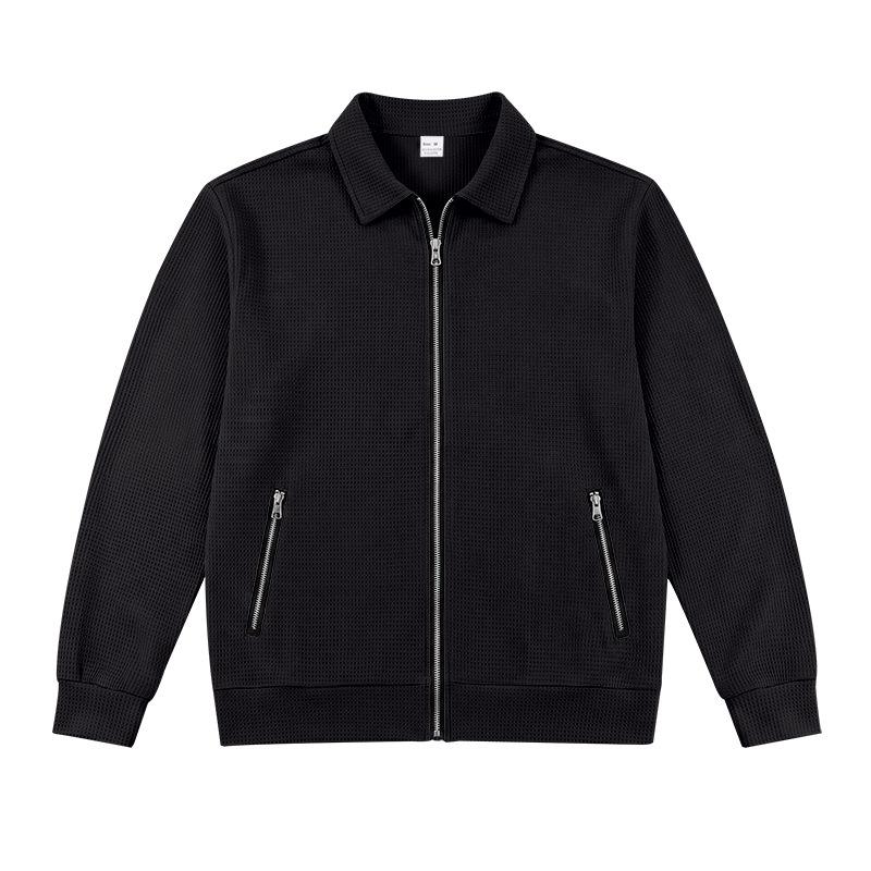 Men's Waffle Knit Full Zip Jacket Lapel Collar Long Sleeve Casual Lightweight Coat with Zipper Pockets for Spring and Fall Daily Wear