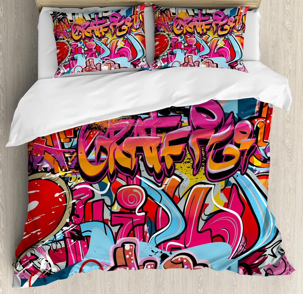 Hip Hop Decor Duvet Cover Colorful Bedspreads Cover Graffiti Pattern Street Culture Theme Decor Bedding Set for Adult Kids Teen