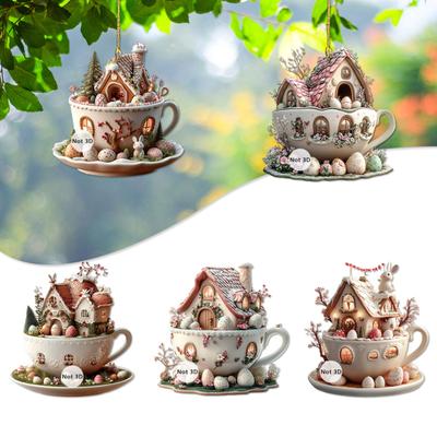 1Pc/5Pcs Easter Coffee Cup House Ornaments Chocolate Mug Bunny House Pendant 2D