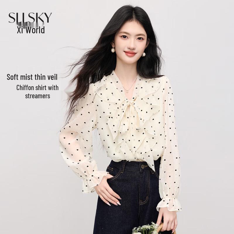 Sllsky Women s Ruffled Polka Dot Chiffon Blouse L