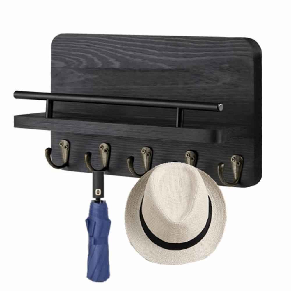 Rustic Retro Wooden Key Holder Wall Mounted Floating Shelf Wall Hat Hanger Decorative Hook with 5 Hooks Coat Hook Bathroom