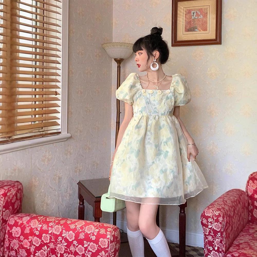 

Летнее платье с цветочным принтом и французскими рукавами-буфами, 2025: Прилегающий к талии квадратный вырез, короткий и сексуальный Extra Large