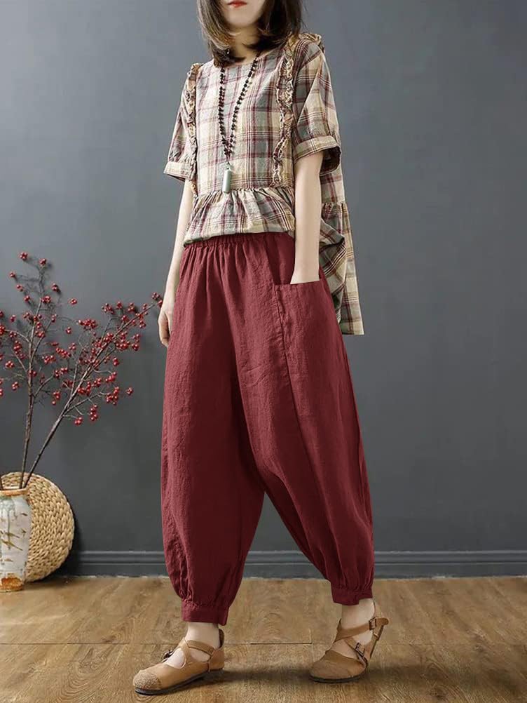 [Minesam] Women's Harem Pants, Linen Pants, Cotton Linen Blend, 9/10 Length, Knickerbockers, Plain, Lightweight, Summer Trousers, Plus Sizes (Wine Red